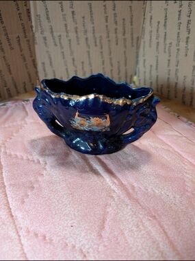 Hand-Painted Cobalt Blue Decorative Bowl with Gold Accents